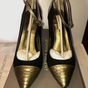 Cynthia Vincent  Larken Pointed Toe  | Ankle Strap| Black Suede and Gold Snake